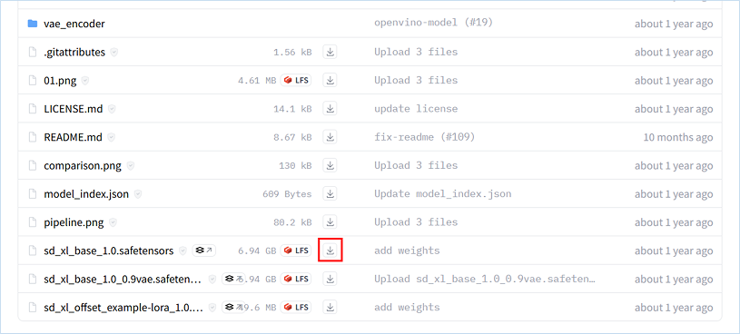 Hugging Faceサイトの「stable-diffusion-xl-base-1.0」ダウンロード画面