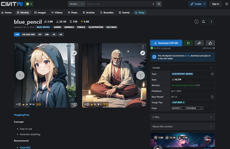 モデル「bluePencil_v10.safetensors」のダウンロード画面