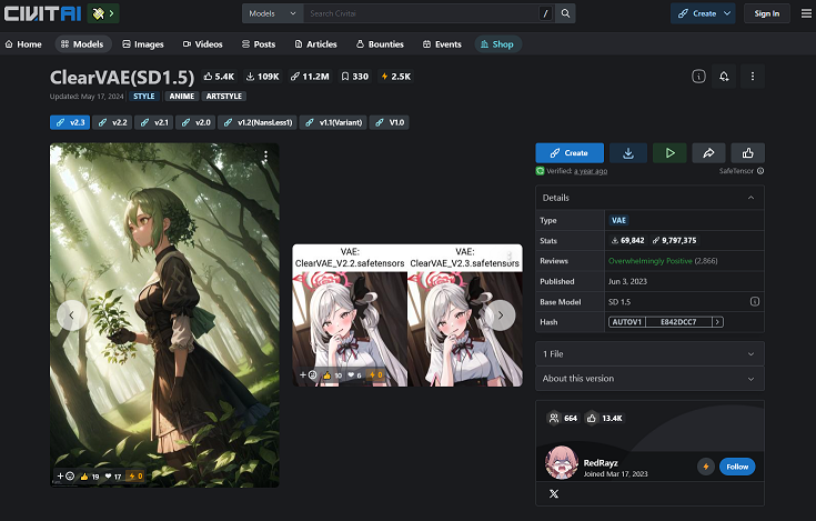 VAE「clearvaeSD15_v23.safetensors」のダウンロード画面