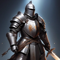 錆と汚れに覆われた重厚な全身プレートアーマーを着た歴戦の騎士。薄暗い光。