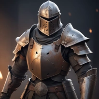 粗い槌目と無数の打撃痕がある強化プレートアーマー。色褪せた金属光沢が特徴。