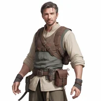 革製ジャキンとリネンチュニックを重ね着し、実用的なユーティリティベルトを装備した、使い込まれた中世ファンタジーの男性冒険者衣装。