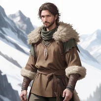 スエードチュニックにファーの縁取り、樫の葉模様の腕当てを付けた、天然素材を生かした野性的な荒野の冒険者衣装。