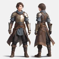 耐久性のある革チュニックにリベットと金属装飾、腕当てとガントレットを装備した、重厚で実用的な冒険者ギア。