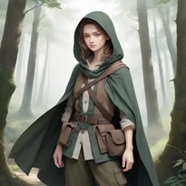 戦い抜いた風貌の冒険者。リネンシャツ、スエードベスト、フード付きクロークを重ね着し、ポーチ付きベルトを装備。