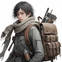 使い古され継ぎ接ぎだらけの粗織り服に革ストラップ、ウールスカーフを纏い、多数のポーチとバックパックを持つ旅人の衣装。