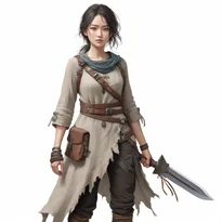 非対称デザインのリネンチュニックに革ストラップ、装飾ダガーを帯びた、放浪の遊牧民を思わせる粗野で実用的な服装。