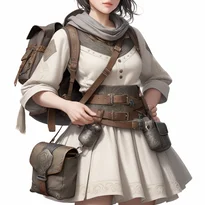 刺繍とリベットが施されたリネンと革の重ね着に、錬金術バッグ付きベルトを装備した、職人冒険者の衣装。