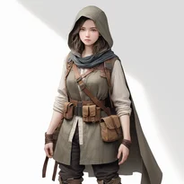 リネンチュニック、革ベスト、フード付きクロークを重ね着し、ポーチ付きベルトとブーツを装備した、使い込まれた王道冒険者衣装。