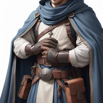 装飾バックルで留められたくすんだウールクローク、革手袋、水筒付きベルトを装備した、中世ファンタジーの旅人衣装。