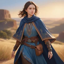 精巧な刺繍チュニックに革ベルト、丈夫な腕当て、流れるクロークを纏った、アースカラーと青が映える女性冒険者衣装。
