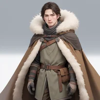 厚手のウールチュニックとファーの縁取り、丈夫なクロークを纏い、防寒と耐久性を重視した寒冷地向け冒険者衣装。