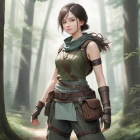 動きやすさを重視した軽量革アーマー。重ね着チュニック、指なし手袋、革腕当てを装備した、実用的な冒険者衣装。