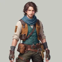 使い込まれた革と麻の重ね着にスエードベスト、ダガーとポーチ付きベルト、指なし手袋を装備した、自由奔放な盗賊衣装。