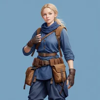 レースアップチュニック、キャンバスズボン、革ブーツに、ポーチ付きベルトと指なし手袋を装備した、インディゴブルーの女性冒険者衣装。