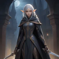 銀髪と赤褐色肌のダークエルフが、革製ステルス衣装にフードをまとい、二本の短剣を手に闇夜に潜む。