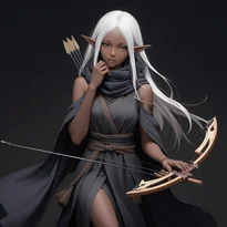 白髪のダークエルフが、木炭染めリネンと薄絹の忍者風衣装を着用。口元をスカーフで隠し、静かなクロスボウを携える。