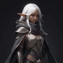 白髪のダークエルフが、人間工学に基づいた隠し刃と非対称な漆黒衣装、スカーフ付きフードで身を包む。