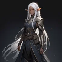 白髪のダークエルフが、シャドウウィーブと黒曜石の鱗を重ねた多層衣装を着用し、ユーティリティベルトには古代ルーン。