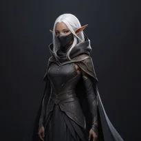 深いフードとマスクで顔を隠した優雅なダークエルフの暗殺者。純白の髪とマットブラックレザーの隠密装束が特徴。