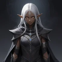 銀髪の優雅なダークエルフ暗殺者。影のフードと燻し革の全身ステルス装束をまとい、静寂のオーラを放つ。