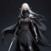 純白の髪のダークエルフ忍者。漆黒レザーとシルク製の装束をまとい、顔はスカーフで隠され、ミニ鎌を持つ。
