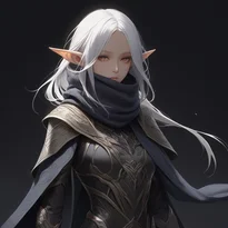 影を吸収する人間工学ステルス装束を纏い、夜に溶け込むダークエルフの暗殺者。口元は大きなスカーフで覆われている。