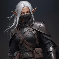 黒革ハーフマスクのダークエルフ暗殺者。ベルベットとマットな黒革の衣装は非対称で、サイレントポーチ付き。