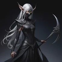 影と一体化するダークエルフのシャドウダンサー。光る目に黒革マスク、ミニチュアサイスを持ち夜間作戦に臨む。