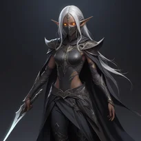 光る目と黒革マスクのダークエルフ。動きやすいよう設計された革とシャドウシルクの衣装に刃を隠す。