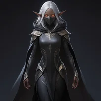 銀髪の優雅なダークエルフが漆黒のステルススーツを纏い、フード付きクロークと光る目で影に潜む。