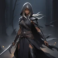 プラチナブロンドのダークエルフ暗殺者が、非対称な宵闇色の装束と短刀で闇に待ち伏せる。
