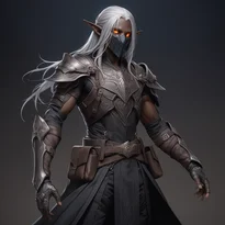 銀髪の優雅なダークエルフがスモークレザーの機能的ウェアを纏い、リストブレードで静かに獲物を待つ。