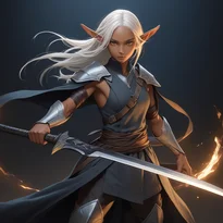 プラチナブロンドのダークエルフが軽量な隠密装束と二本の短刀を携え、攻撃の瞬間に備える。