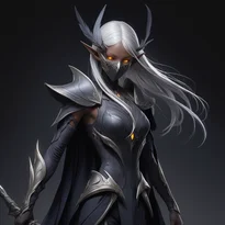 銀髪のダークエルフが漆黒の絹製隠密スーツを着て、不気味に光る目で影の短剣を構える姿