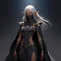 銀髪のダークエルフが深カウルと黒革ハーフマスクをまとい、光る目で影に潜む姿