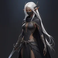 純白の髪のダークエルフが蜘蛛の巣柄の隠密服と黒革マスク、隠し刃手甲をまとう