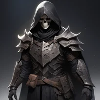 深い影に包まれた威厳あるネクロマンサー。厚手の黒ローブと骨模様の革鎧が古の術師の風格を醸し出す。