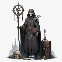 骨の杖と死者の魔道書を携えたネクロマンサーの装い。革サッチェルや鉄アミュレットも精巧かつ風化している。