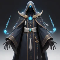 光る魂の宝石が埋め込まれた骨のアミュレットを持つ神秘的な魔術師。古代ルーンと骨装飾のローブがくすんだ暗色で際立つ。