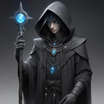 チャコールグレーの重ね着を纏い、光る魂の宝石付き骨杖を携える謎の人物。暗鋼に刻まれたルーンと骨模様が神秘的。