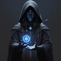 神秘的な印と黒曜石で飾られた重ね着の謎めいた人物。枯れた杖と光る魂の宝石を携え、暗いオーラを放つ。