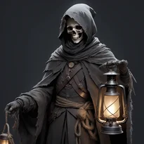 長旅の痕跡を残すネクロマンサー。ボロボロのウールとひび割れた革が汚れ、アンティーク提灯を携えくすんだ暗色に染まる。