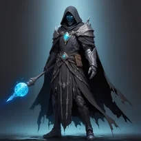 彩度の低い神秘的な暗い装束。ボロボロの暗いクロークと重い重ね着を纏い、ガントレットが持つ骨杖から魂の宝石が仄かに光る。