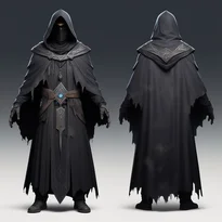 神秘的な魔術師がボロボロの暗いクロークを纏う。ルーン彫刻の鉄アミュレットと黒曜石、墓地の埃が不気味な雰囲気を醸す。