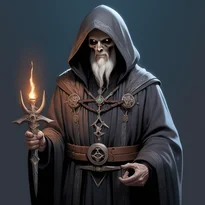 長く流れるフード付きローブを纏い、死者の魔道書と儀式用短剣を持つ老ネクロマンサー。ベルトのオカルトシンボルが古の知識を示す。