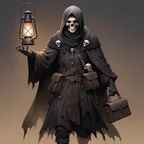 ゴシック模様と頭蓋骨が描かれたダークベルベットのローブを纏い、幽霊のように歩く神秘的なネクロマンサー。アンティーク提灯と革サッチェルが古びた雰囲気を深める。