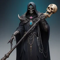 巨大な骨の杖を持つ人物。魂の宝石が埋め込まれた指輪と重い鎖、ルーン彫刻が不気味な壮麗さを放つ。