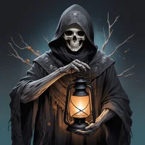 死と再生を司るネクロマンサー。色褪せた黒の粗いウール服には頭蓋骨と枯れ枝が刺繍され、アンティーク提灯が神秘的なオーラを放つ。