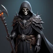 厚手の黒ローブを纏い、装飾された巨大な骨の杖を持つ威厳あるネクロマンサー。古びた革肩当と鋼の留め金が荘厳で陰鬱な雰囲気を醸す。